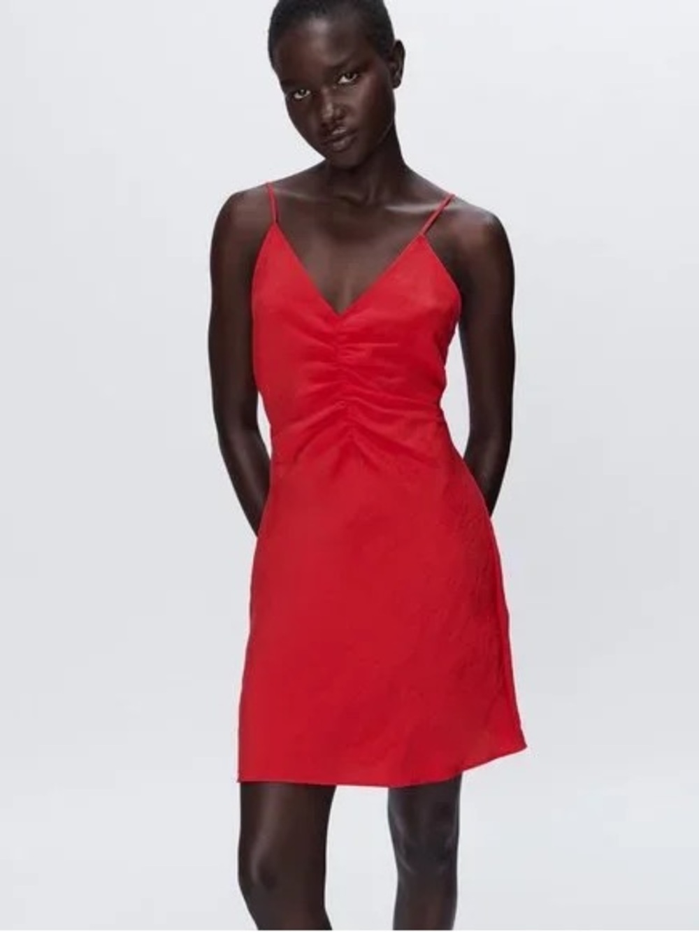 Zara Hot Pink Ruched V-Neck Cami Dress